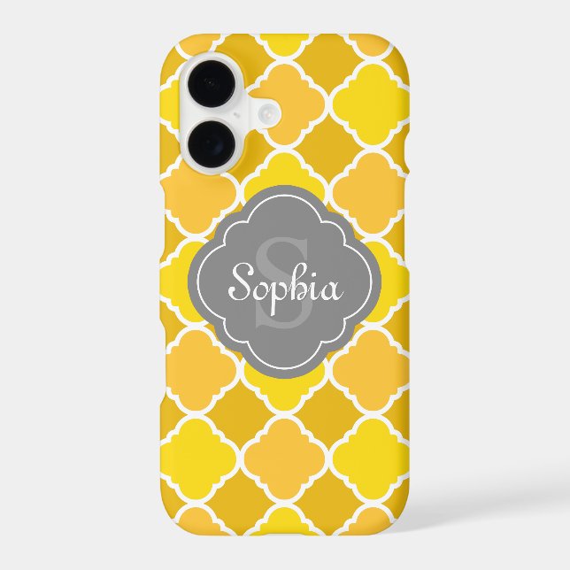 Yellow Quatrefoil Pattern with Grey Monogram Iphone Case (Back)