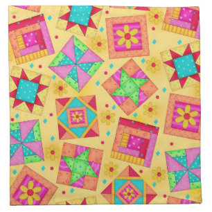 Yellow Quilt Block Art Cocktail Napkin