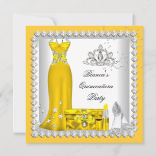 Yellow Quinceanera 15th Tiara Birthday Party Invitation