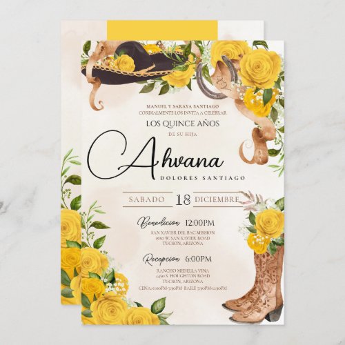 Yellow Quinceanera Roses Vintage Charro Western Invitation