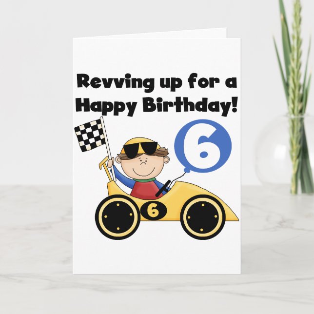 Yellow Race Car 6th Birthday Tshirts and Gifts Card (Front)