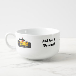 Yellow Race Car and Checkered Flags Soup Mug
