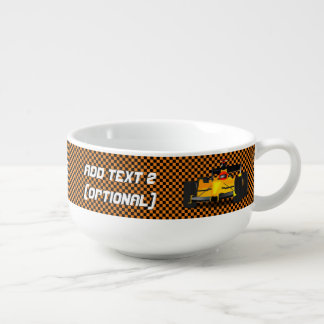 Yellow Race Car and Checkered Flags Soup Mug