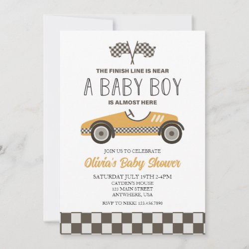 Yellow Race Car Baby Shower Invitation