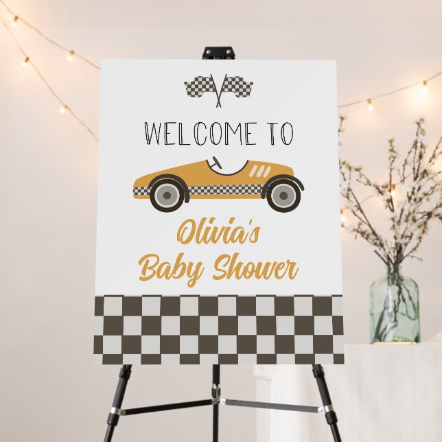 Yellow Race Car Baby Shower Welcome Foam Board (In Situ (Stand))