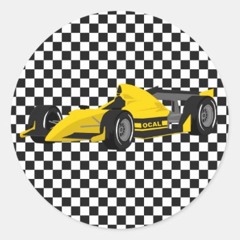 Yellow Race Car Birthday Sticker by Hannahscloset at Zazzle