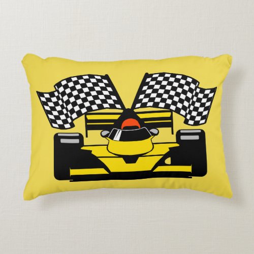 Yellow Race Car Checker Flag Accent Pillow