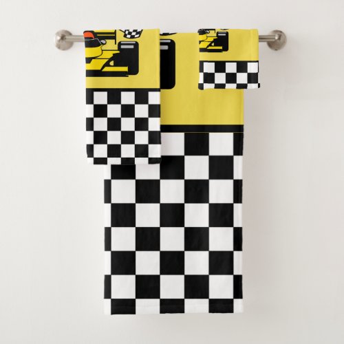 Yellow Race Car Checker Flag Bath Towel Set