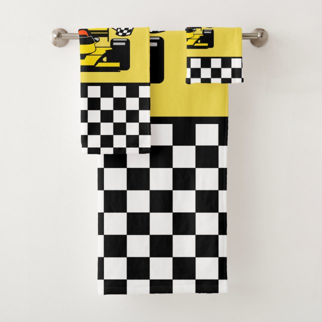 Yellow Race Car: Checker Flag Bath Towel Set (Insitu)