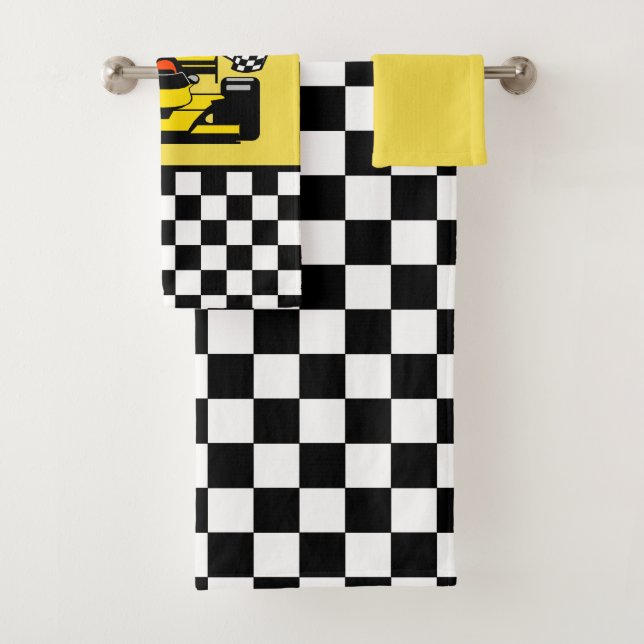 Yellow Race Car: Checker Flag Bath Towel Set (Insitu)