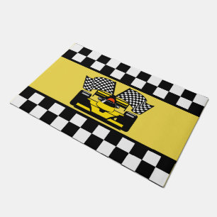 Yellow Race Car: Checker Flag Doormat