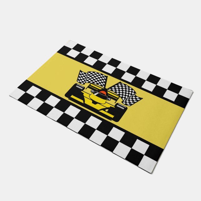 Yellow Race Car: Checker Flag Doormat (Angled)
