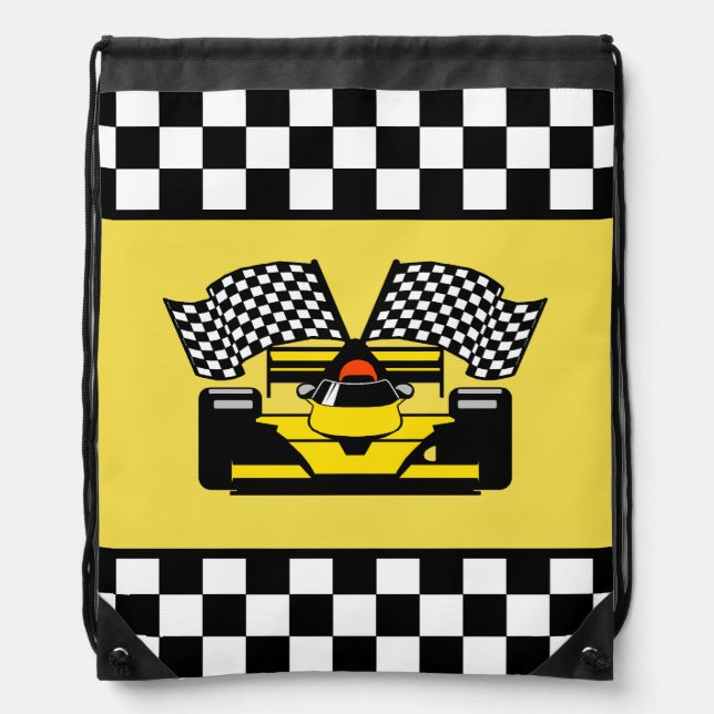 Yellow Race Car: Checker Flag Drawstring Bag (Front)