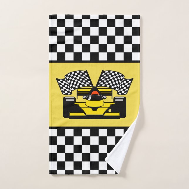 Yellow Race Car: Checker Flag Hand Towel (Hand Towel)