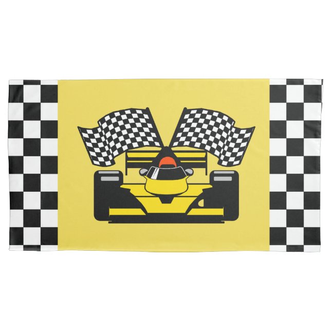 Yellow Race Car: Checker Flag Pillow Case (Front)