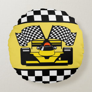 Yellow Race Car: Checker Flag Round Pillow