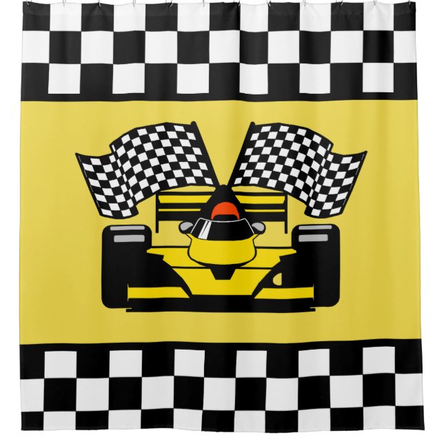 Yellow Race Car: Checker Flag Shower Curtain (Front)