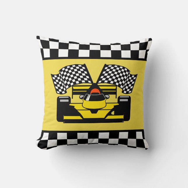 Yellow Race Car: Checker Flag Throw Pillow (Front)