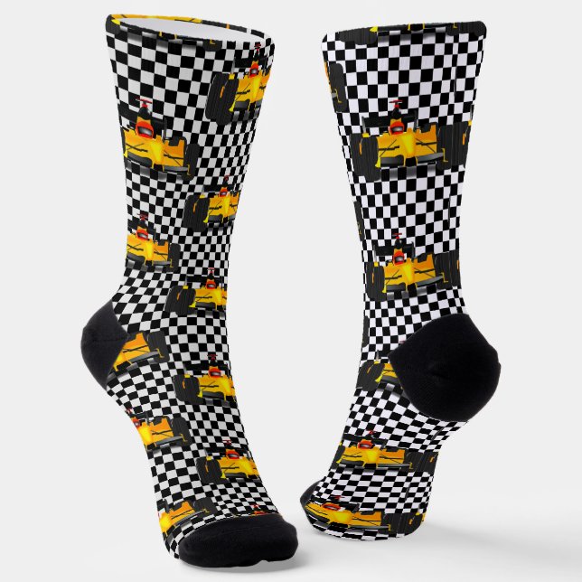 Yellow Race Car - Checkerboard Sports Socks (Angled)