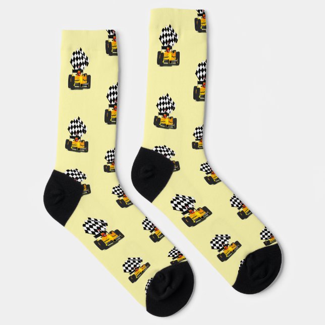Yellow Race Car - Checkered Flag Sports Socks (Right)