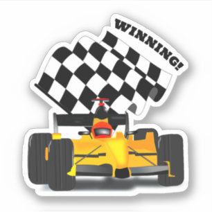 Yellow Race Car - Checkered Flag Sports Sticker