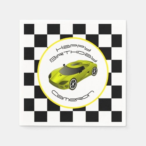 Yellow Race Car  Custom Birthday Party Napkins