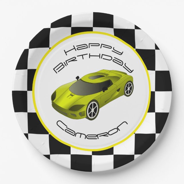 Yellow Race Car | Custom Birthday Party Paper Plates (Front)