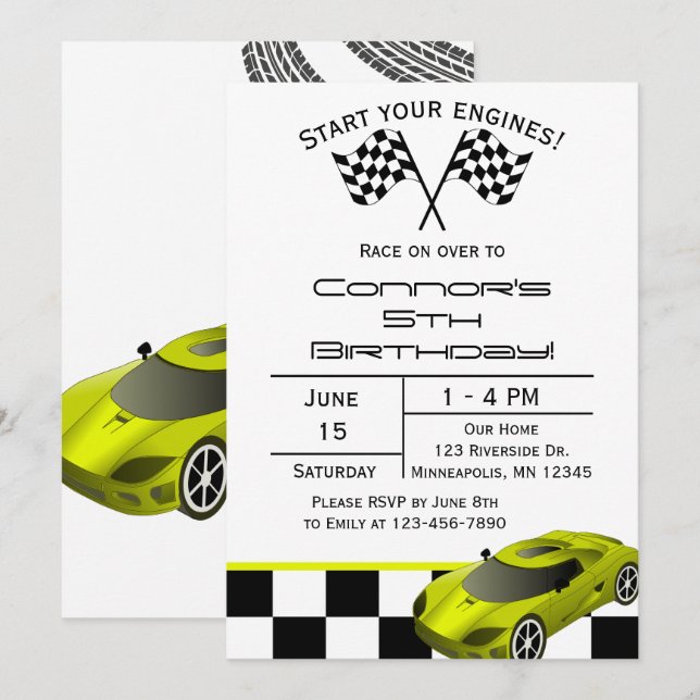 Yellow Race Car | Custom Kids Birthday Invitation (Front/Back)