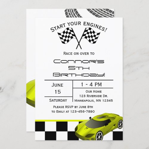 Yellow Race Car  Custom Kids Birthday Invitation