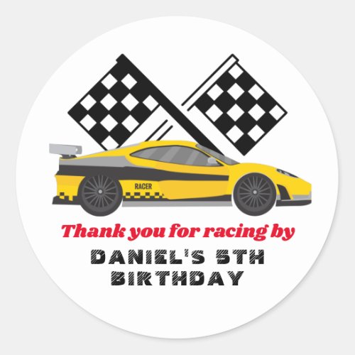 Yellow Race Car for Boys Kids Birthday Party Classic Round Sticker