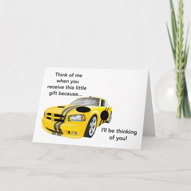 Yellow Race Car I'll be thinking of you Card (Front)