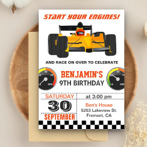 Yellow Race Car Racing Birthday Party Invitation