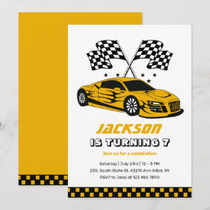 Yellow Race Car Racing Kids Boys Birthday Invitation