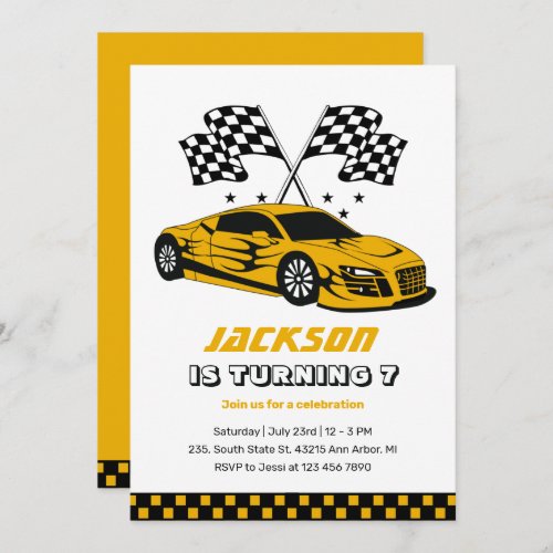 Yellow Race Car Racing Kids Boys Birthday Invitation