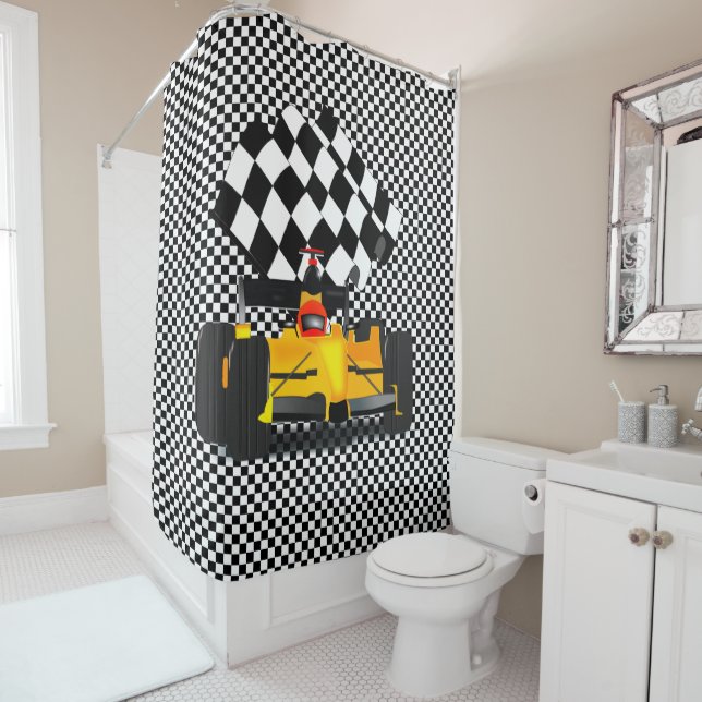 Yellow Race Car Shower Curtain (In Situ)