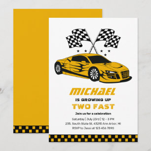 Yellow Race Car Two Fast Boys 2nd Birthday Invitation