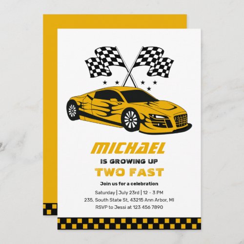 Yellow Race Car Two Fast Boys 2nd Birthday Invitation