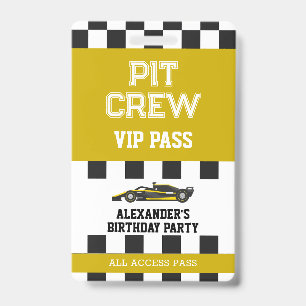 Yellow Race Car Vip Pass Pit Crew Birthday Party Badge