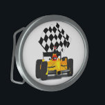 Yellow Race Car with Checkered Flag Belt Buckle<br><div class="desc">* Vroom, Vroom, VROOOM! Jazz up your wardrobe! Race Car with a checkered flag is a real winner! * Choose from oval or rectangular shape options. * Customize this by adding text (choose font style, color, size and placement of message or initials. * Add background color of your choice ....</div>