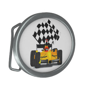 Yellow Race Car with Checkered Flag Belt Buckle