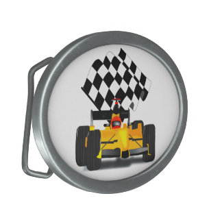 Yellow Race Car with Checkered Flag Belt Buckle
