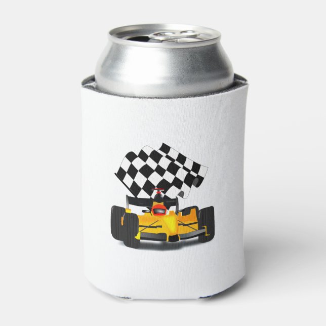 Yellow  Race Car with Checkered Flag Can Cooler (Can Front)
