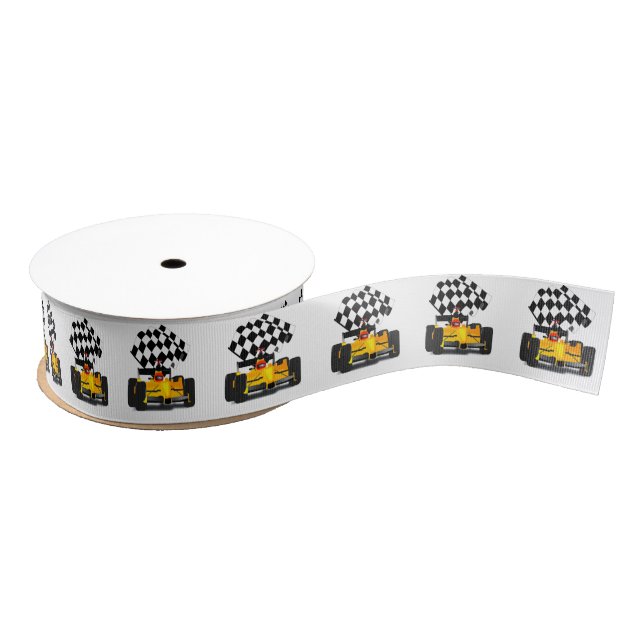 Yellow  Race Car with Checkered Flag Grosgrain Ribbon (Spool)