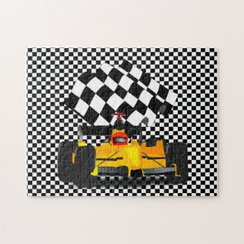 Yellow Race Car With Checkered Flag Jigsaw Puzzle by gravityx9 at Zazzle