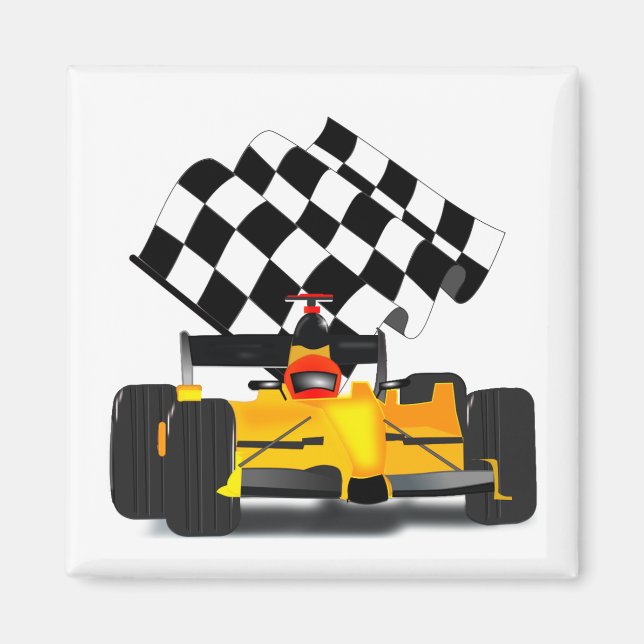 Yellow  Race Car with Checkered Flag Magnet (Front)