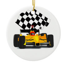Yellow Race Car with Checkered Flag