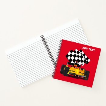 Yellow Race Car With Checkered Flag Notebook by gravityx9 at Zazzle