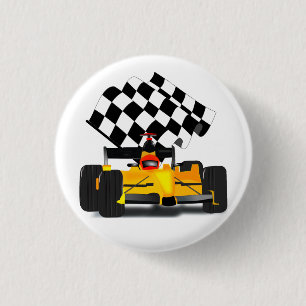Yellow  Race Car with Checkered Flag Pinback Button