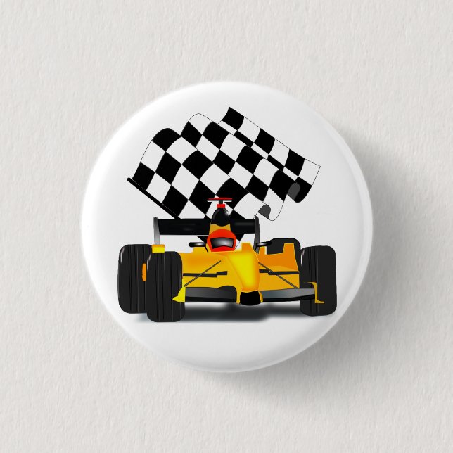 Yellow  Race Car with Checkered Flag Pinback Button (Front)