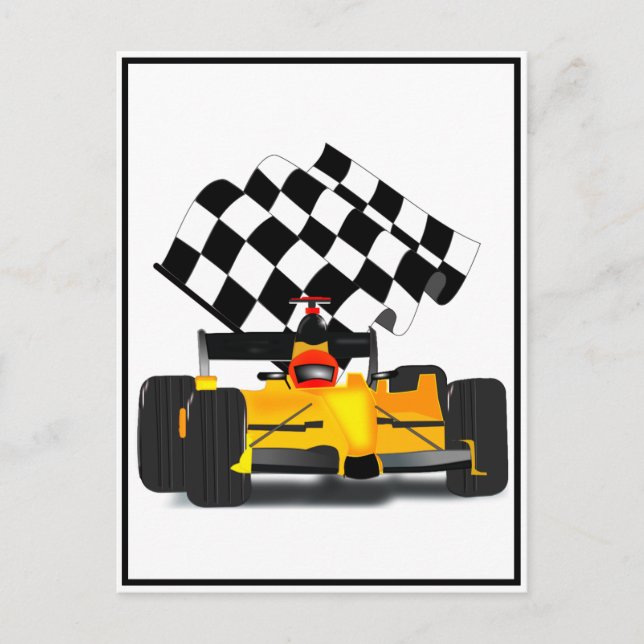 Yellow  Race Car with Checkered Flag Postcard (Front)